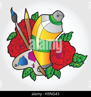 Palette with paint, brushes and spray paint in roses - vector Stock Vector