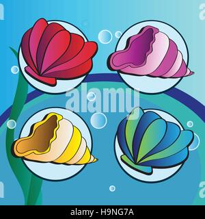 sea shells on underwater background - Set of four elements Stock Vector