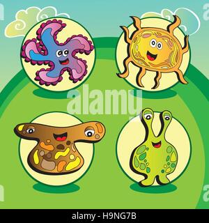 Funny vector characters on green dackground - Set of four elements Stock Vector