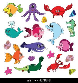 Marine life doodles - Hand drawn collection in vector Stock Vector