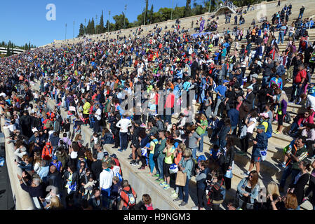 Panathenean stadium in Athens, Greece, full of people during 34th 2016 Classic Marathon race Stock Photo