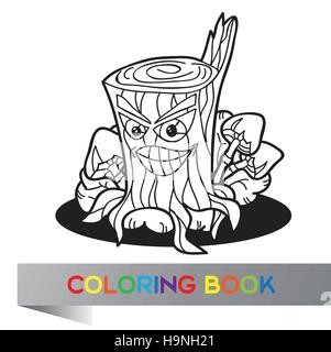 illustration of isolated mushrooms with tree stump on white - coloring book Stock Vector