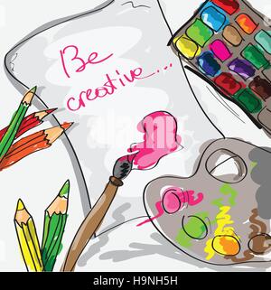 paper, pencils and paints - hand drawn vector illustration - doodle style Stock Vector