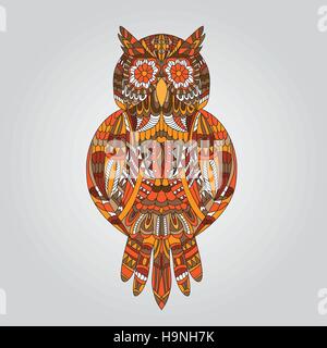 Brown owl in ornamental style for mascot or another design - Vector Stock Vector