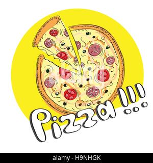 hand drawn pizza with slice - bright vector illustration Stock Vector
