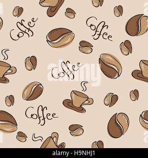 Seamless background with coffee beans and cups - Vector illustration Stock Vector