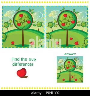 Find differences between the two images with apple tree Stock Vector