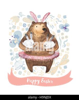 Cute cartoon bear holding two little bunnies on a floral background with tiny flowers. Hand Drawn Watercolor illustration. Happy Easter Wintage Card. Stock Vector