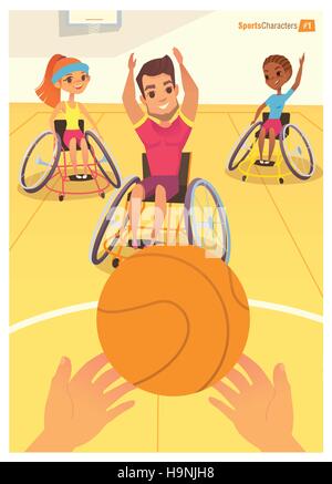 Handisport. Boys and girls in wheelchairs playing ball in a school gym. Handicap First-person view. Caring for the disabled people children. Medic Stock Vector