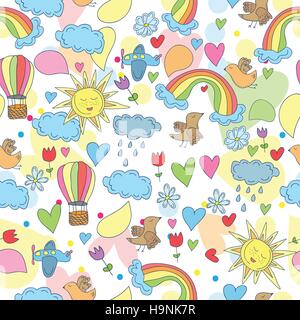 Doodle seamless patternan - Sky, sun, rainbow and clouds, plane and hot air balloons Stock Vector