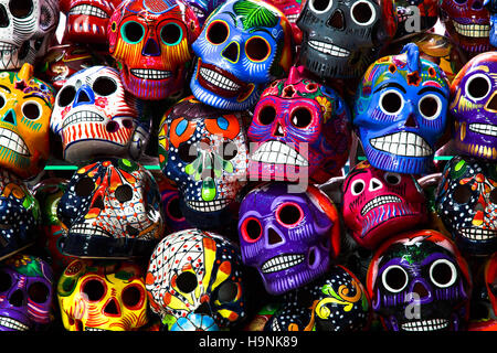 Mexican colorful skulls. Mexican / hispanic ceramic pottery Day of the Dead (Dia de los Muertos) skulls. Stock Photo