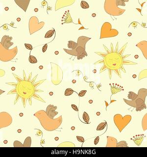 Spring doodles set with flowers, sun, birds - Seamless pattern Stock Vector