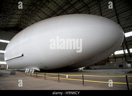 The distinctive double hull of the Hybrid Air Vehiles Airlander 10 airship, the worlds largest aircraft, in its shed at Cardington, Bedfordshire. Stock Photo