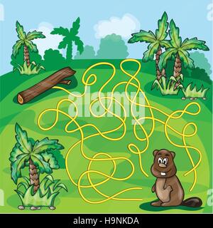 Labyrinth maze for kids - help the beaver find a way - game vector illustration Stock Vector