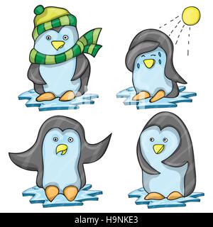 Penguin in Several Poses - vector cartoon set of funny penguins Stock Vector