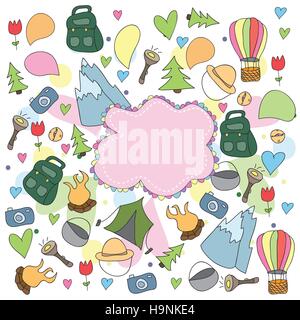 Hand-drawn bright doodle on the camping theme isolated on white background Stock Vector