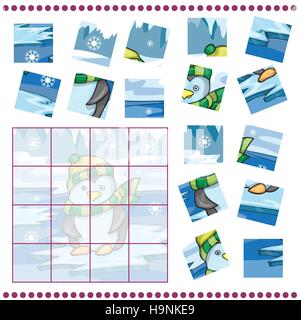 Jigsaw Puzzle game for Children with funny penguin on ice background - Vector illustration Stock Vector
