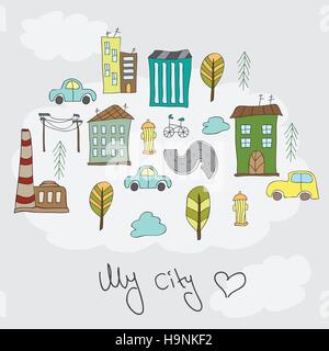 Illustration of doodle colorful houses - card for your design Stock Vector