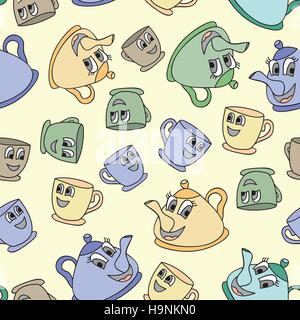 Seamless pattern with tea pots and tea cups - vector illustration Stock Vector