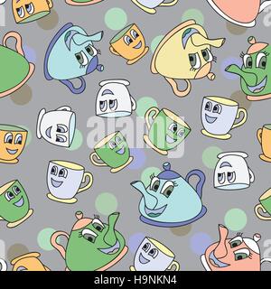 Seamless pattern with tea pots and tea cups - vector illustration Stock Vector