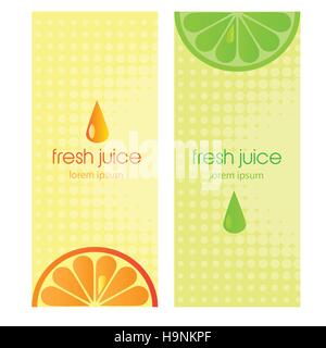 Banners with stylized citrus fruit and splashes - lime and orange fresh juice Stock Vector