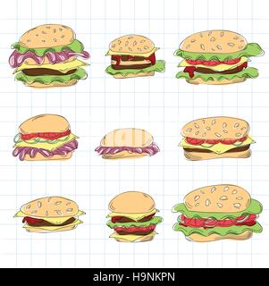 Fast food hamburger doodle set - vector illustration Stock Vector