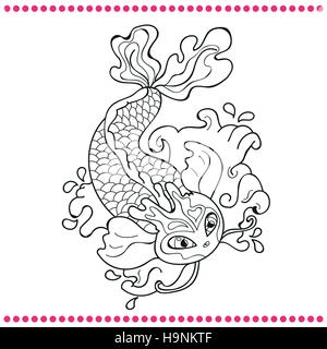 Japanese carp line drawing coloring book vector image Stock Vector