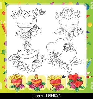 Heart Tattoo Design - flash set -  coloring book Stock Vector