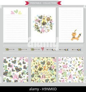Vector printable notepad design and seamless pattern with native american funny fox Stock Vector