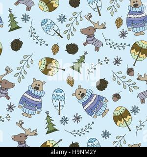 Seamless pattern with a doodle forest - vector Stock Vector