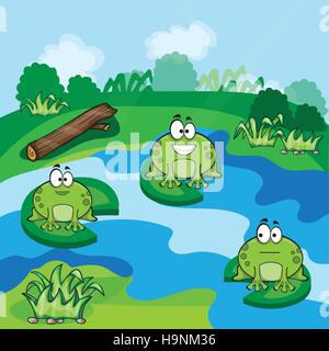 Cute little frogs having fun in the pond - vector Stock Vector