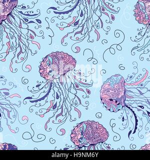 Seamless pattern with jellyfish. Hand drawn doodle. Vector illustration Stock Vector