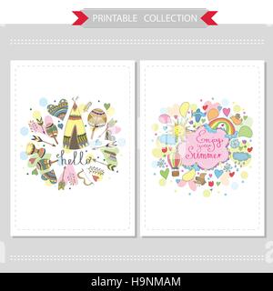 Cute hand drawn doodle cards with different elements -Printable templates set Stock Vector