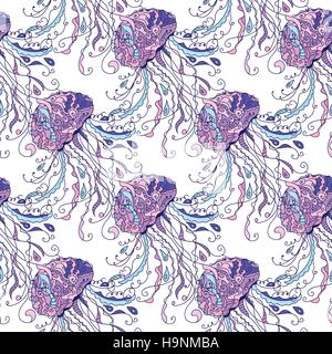 Jellyfish seamless pattern drawn in doodle art style Stock Vector