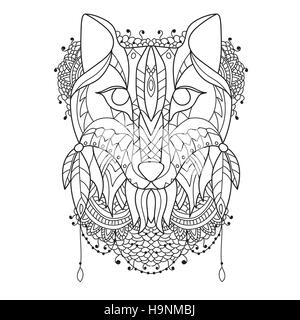 Fox Pattern style zentangl- Vector sketch for tattoo -Coloring Stock Vector