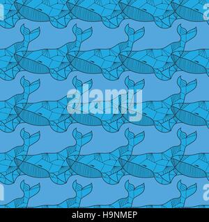 Seamless sea pattern with hand drawn whales - Doodle fish pattern Stock Vector