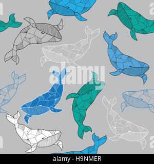 Seamless sea pattern with hand drawn whales - Doodle fish pattern Stock Vector