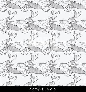 Seamless sea pattern with hand drawn whales - Doodle fish pattern Stock Vector