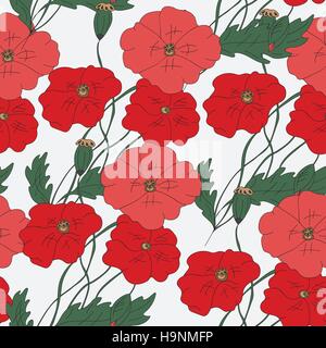 Colorful hand drawn poppies flowers seamless pattern Stock Vector