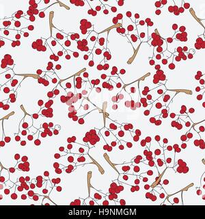 Seamless Pattern with Rowan Berries on Branches. Rowan Tree Autumn Background. Berry Texture. Stock Vector