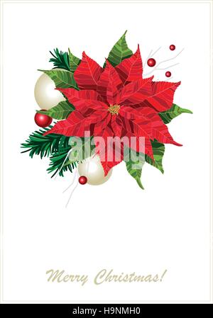 Red poinsettia flower realistic vector illustration postcard Stock Vector