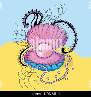 Marine cockleshell with a pearl on a sea-bottom Stock Vector