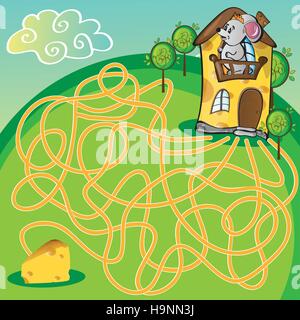 Maze with mouse and cheese  house - funny vector illustration Stock Vector