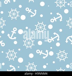 Seamless nautical pattern with white anchors and ship wheels - vector Stock Vector