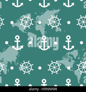 Seamless nautical pattern with white anchors and ship wheels - vector Stock Vector