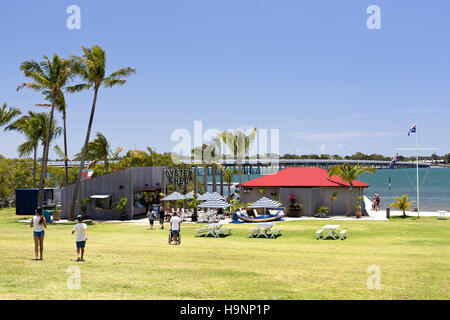 Resort outdoor setting on the banks of the Pumicestone Passage near the bridge to the Bribie Island, Queensland, Australia Stock Photo