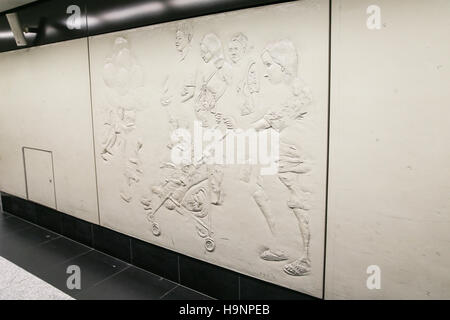Wall made from tiles with relief and monochrome abstract pattern Stock Photo