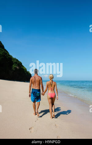 Rear view shot of honeymoon couple holding hands walking along the sea shore. Couple in love relaxing on summer holidays on beach. Stock Photo