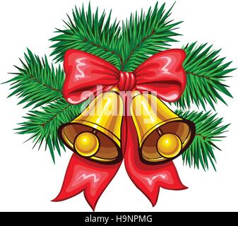 Vector illustration of shiny golden Christmas bells decorated with red ribbons Stock Vector