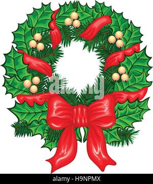 Christmas Wreath with ribbons, balls and bow isolated on white background Stock Vector